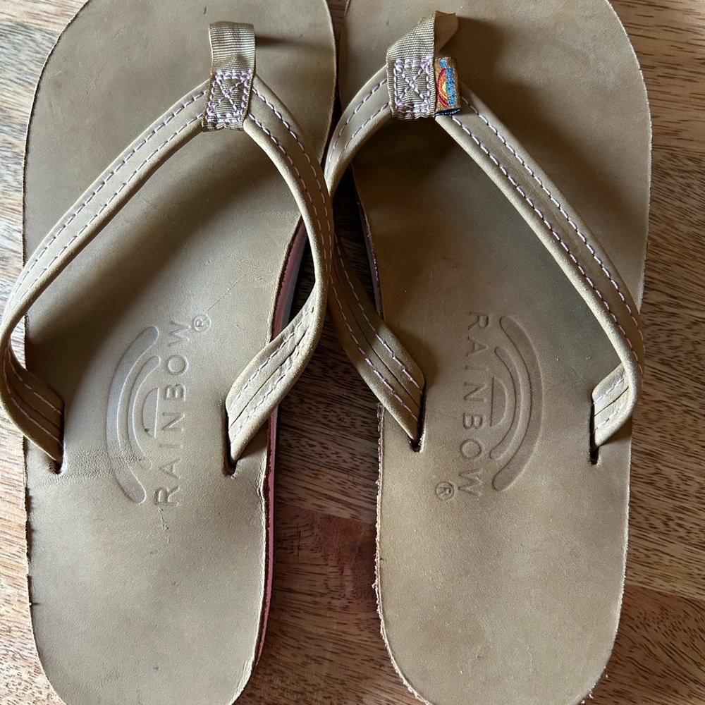 Rainbow Beige Sandals with Purple Stitching small